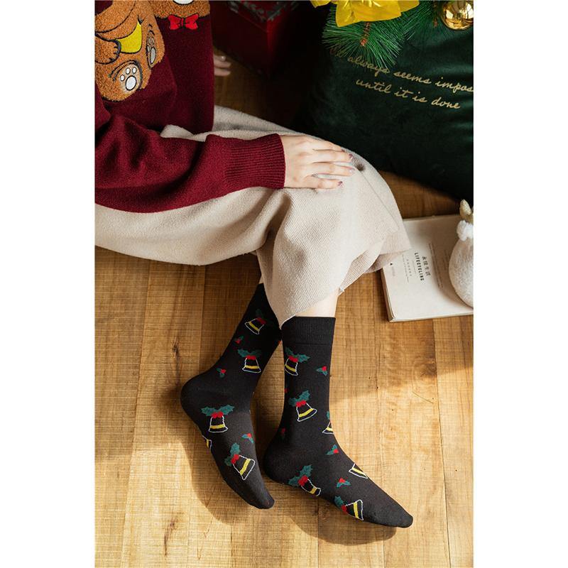Womens Christmas Pattern Jingle Bell Tree Happy Fashion Cute Crew Socks 4 Pairs - CHALIER