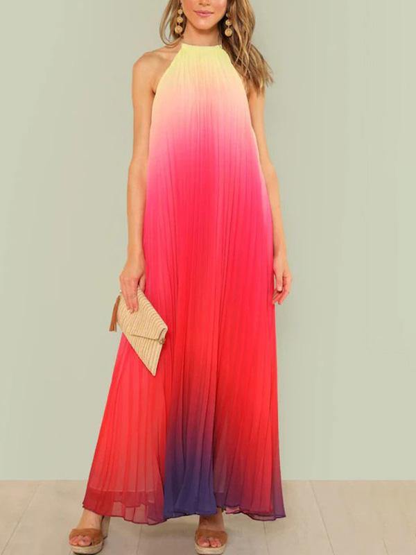 Women's Gradient Chiffon Pleated Maxi Pink Halter Dress Beach Holiday - CHALIER