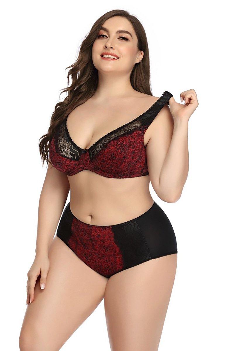 Chalier Plus Size Women's Bra Floral Printed Lace Lingerie Sets D Cup - CHALIER