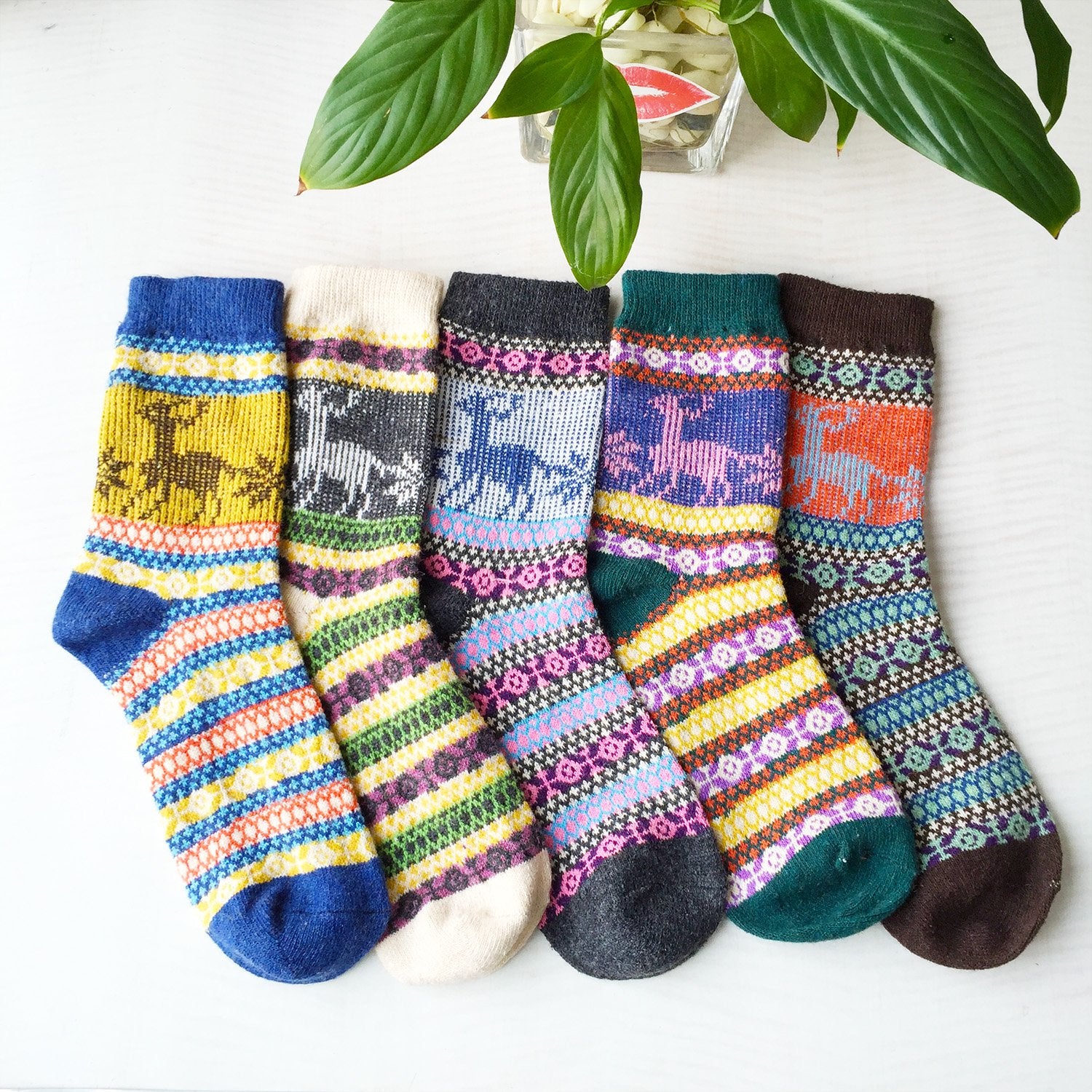 Womens Vintage Winter Soft Warm Thick Knit Wool Crew Socks 5 pairs