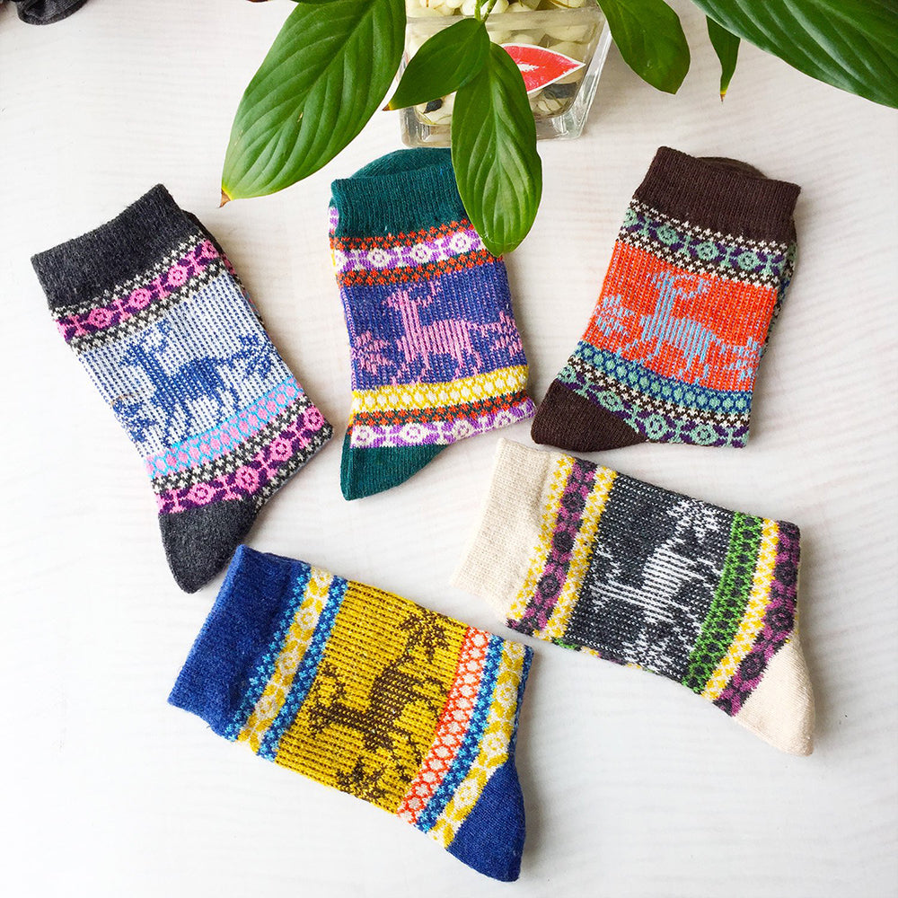 Womens Vintage Winter Soft Warm Thick Knit Wool Crew Socks 5 pairs