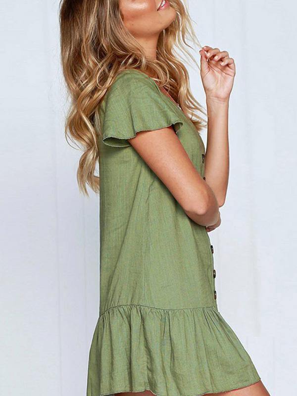 Women's Cotton and Linen Solid V-neck Loose Breathable Short Dress with Buttons - CHALIER