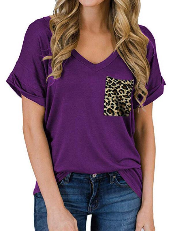 Ladies Leopard V-Neckline Short Sleeve Casual T-Shirt - CHALIER
