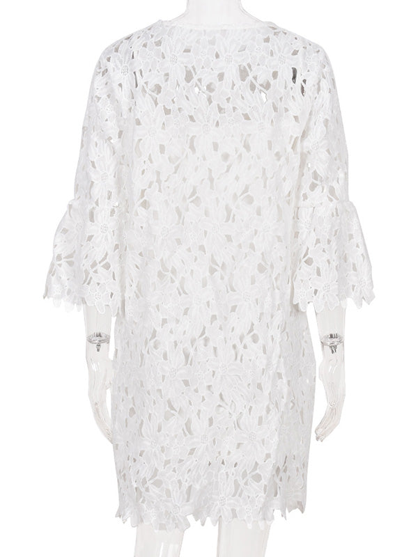 Women's Floral Lace Dress Crew Neck White Mini Dress Two Piece