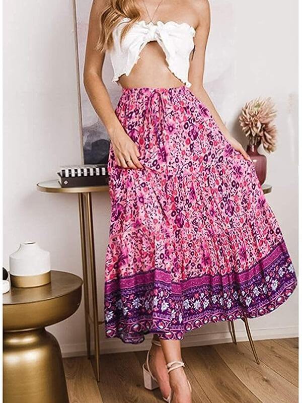Women's A Line Maxi Skirt Bohemian Floral Printed Elastic Waist Skirt - CHALIER