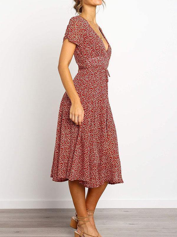 Women's Elegant Floral Printed V-neck Short-sleeved Midi Dress - CHALIER