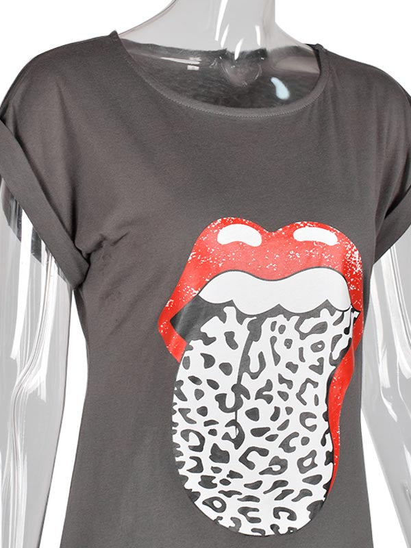 Women's Casual T-Shirt Mini Dress Crew Neck Lips Prints Short Sleeve