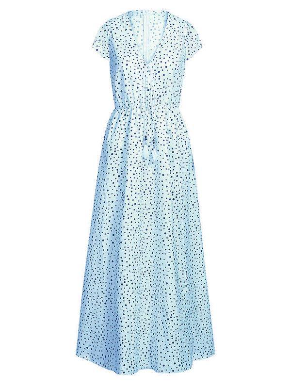 Polka Dots Short Sleeve V-Neck Boho Maxi Dress Holiday - CHALIER