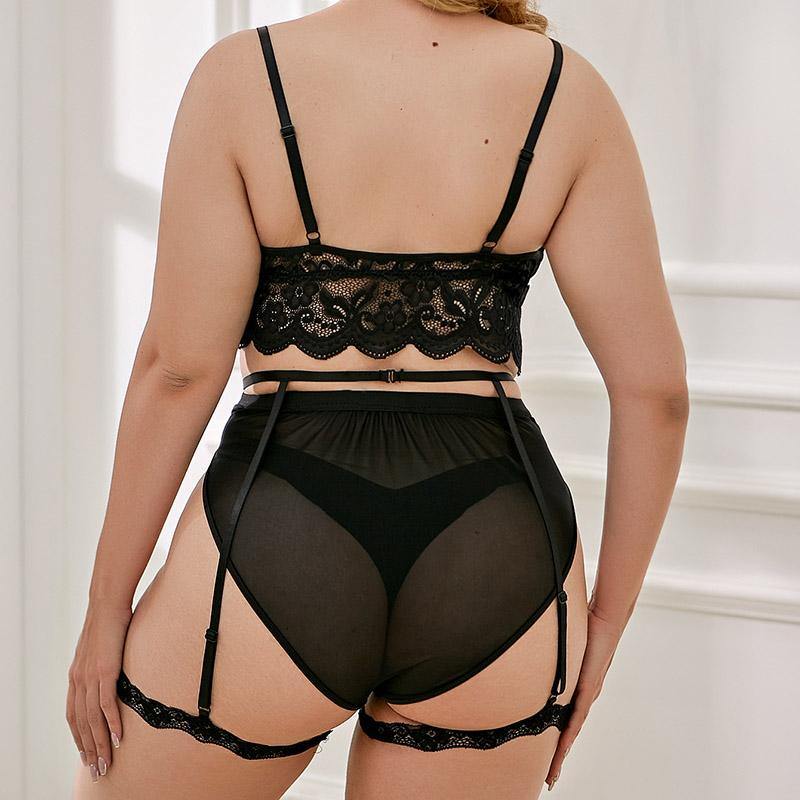 Womens Sexy Lingerie Plus Size Shapewear Black Lace Garters Bra and Panty Soft Cup - CHALIER