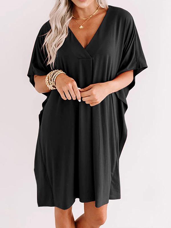 Women's Dresses Casual V-neck Short Sleeve Loose Knee-length T-shirt Mini Dress - CHALIER