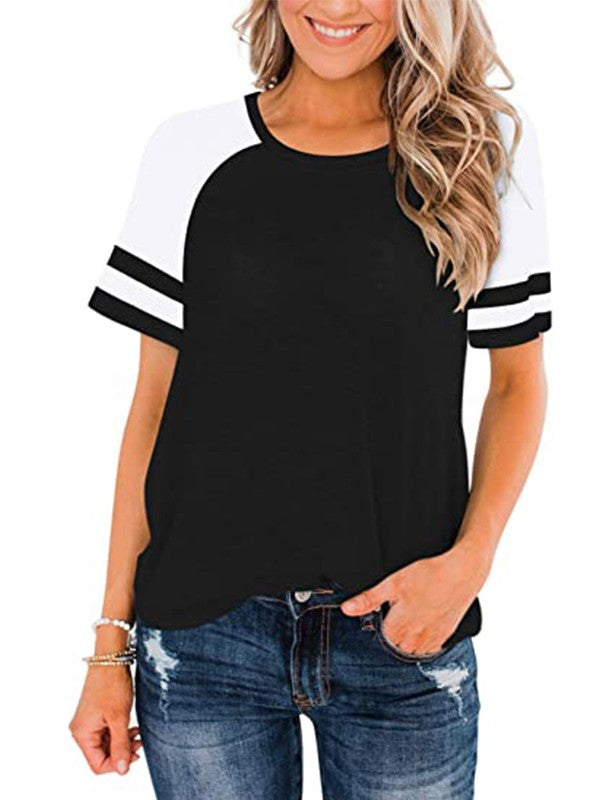 Women Stitch Striped Crew Neck Loose T-Shirt