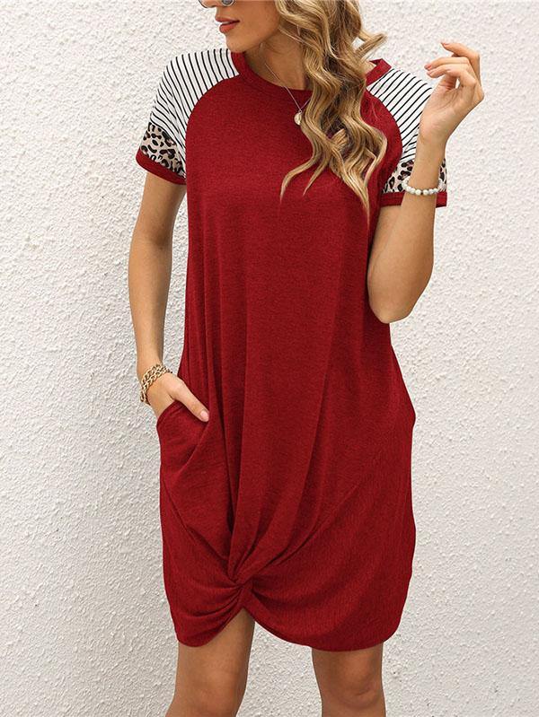 Women's Casual Leopard Printed Short Sleeved T-shirt Pocket Asymmetrical Dress - CHALIER