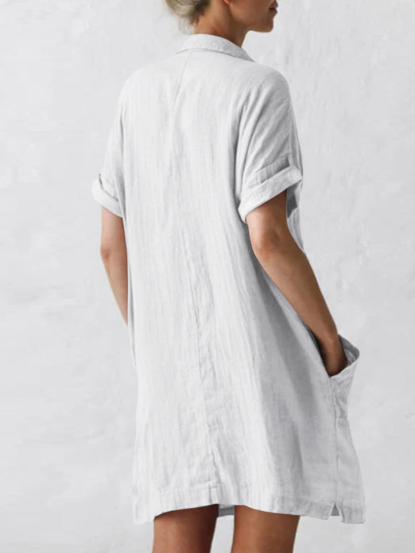 Women's Cotton Linen Asymmetrical Mini Dress Plus Size Casual Shirt Dress Half Sleeve