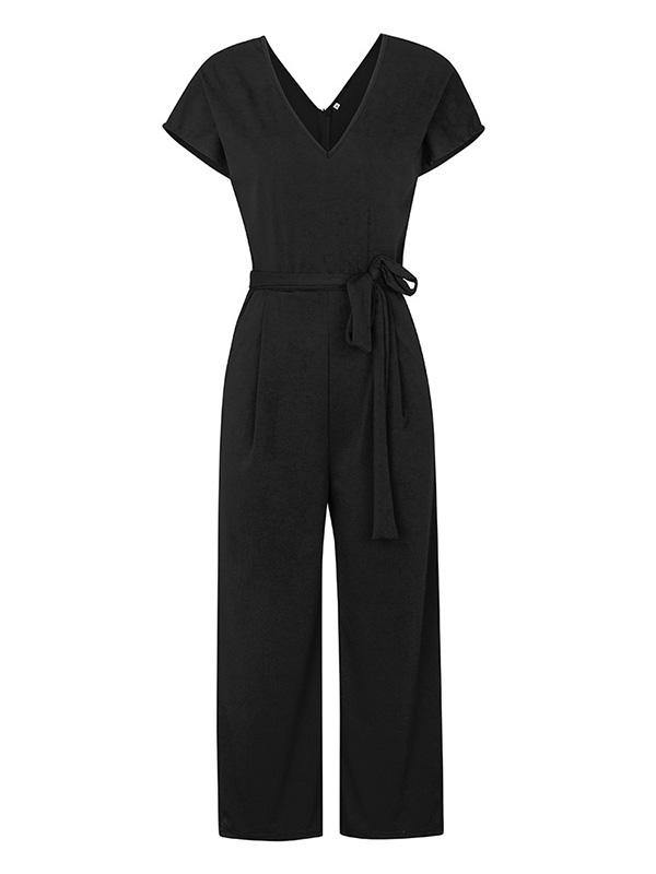 Women's Elegant  High Waist V-Neck Short Sleeve Jumpsuit Solid Color - CHALIER
