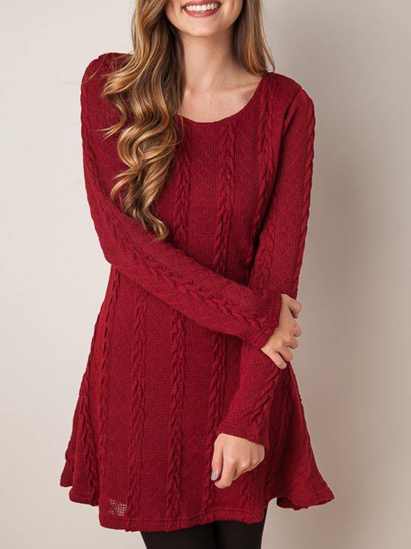 Women's Knitted Mini Dress Long-sleeve A-line Loose Casual Sweater Dress Plus Size - CHALIER