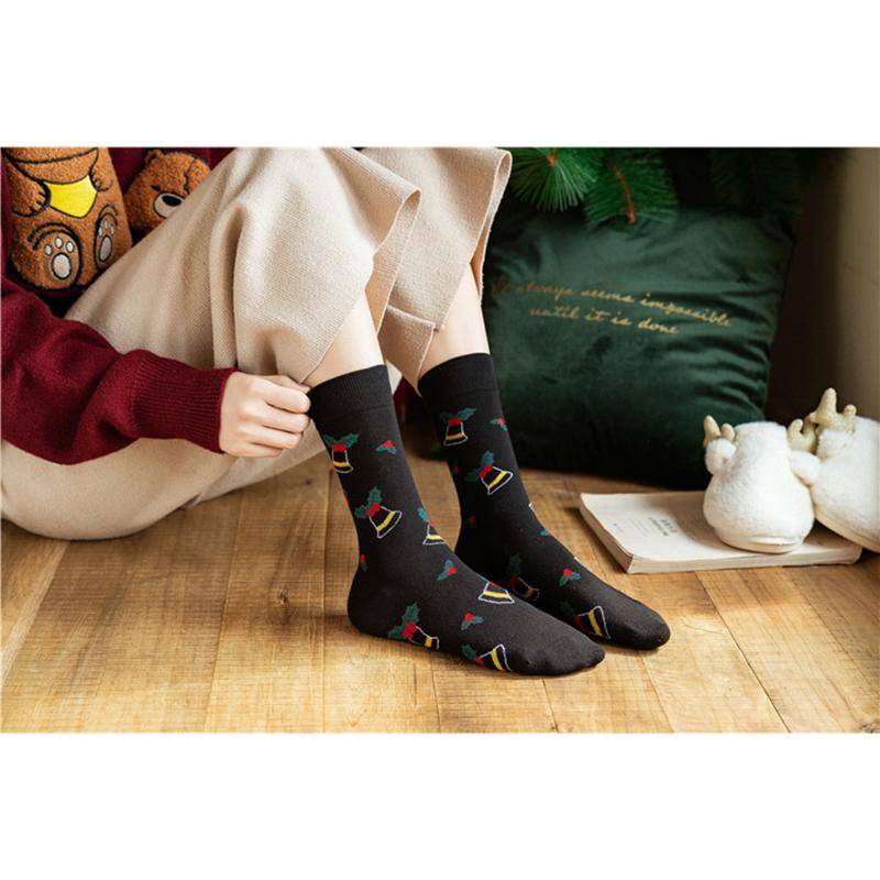 Womens Christmas Pattern Jingle Bell Tree Happy Fashion Cute Crew Socks 4 Pairs - CHALIER