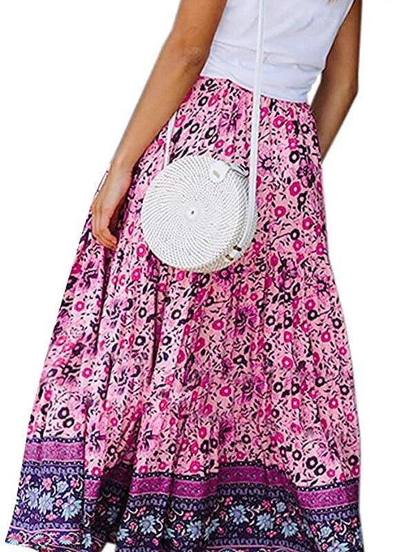 Women's A Line Maxi Skirt Bohemian Floral Printed Elastic Waist Skirt - CHALIER