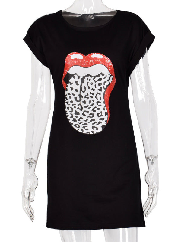 Women's Casual T-Shirt Mini Dress Crew Neck Lips Prints Short Sleeve