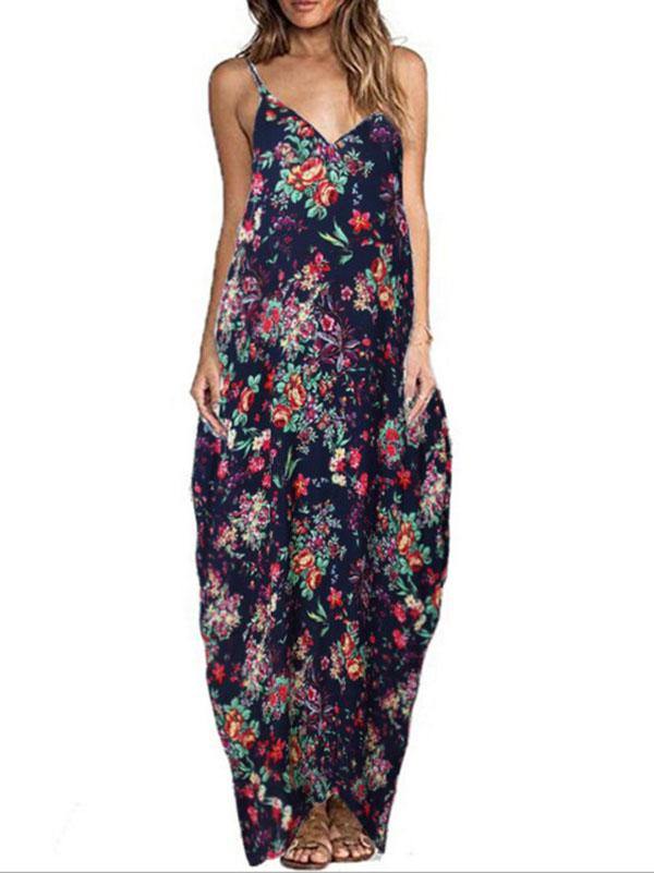 Women's Cotton Floral Printed Loose Sleeveless Maxin Slip Dress Plus Size - CHALIER