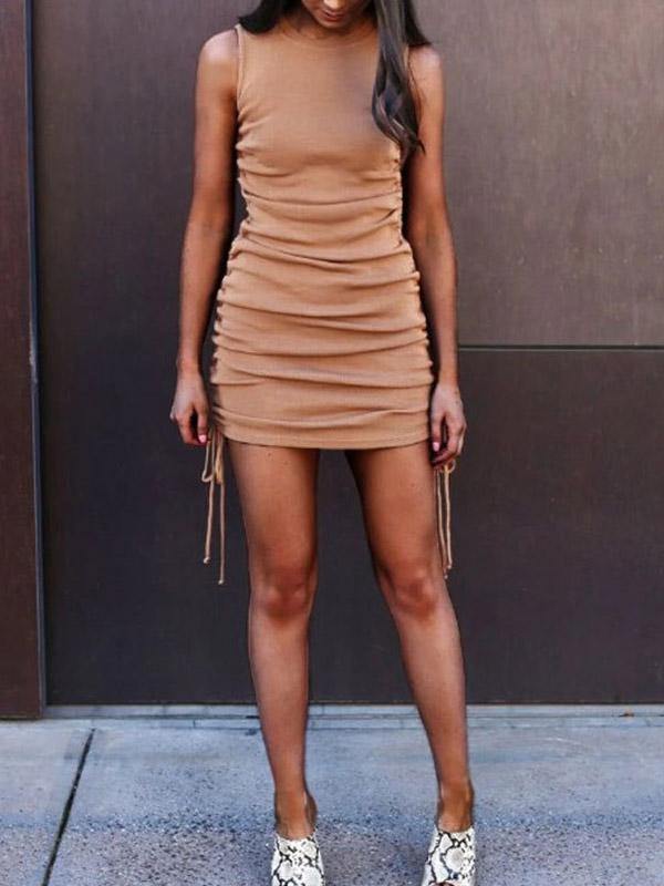 Women's Sleeveless Tight Mini Dress Drawstring Tank Sheath Dress - CHALIER