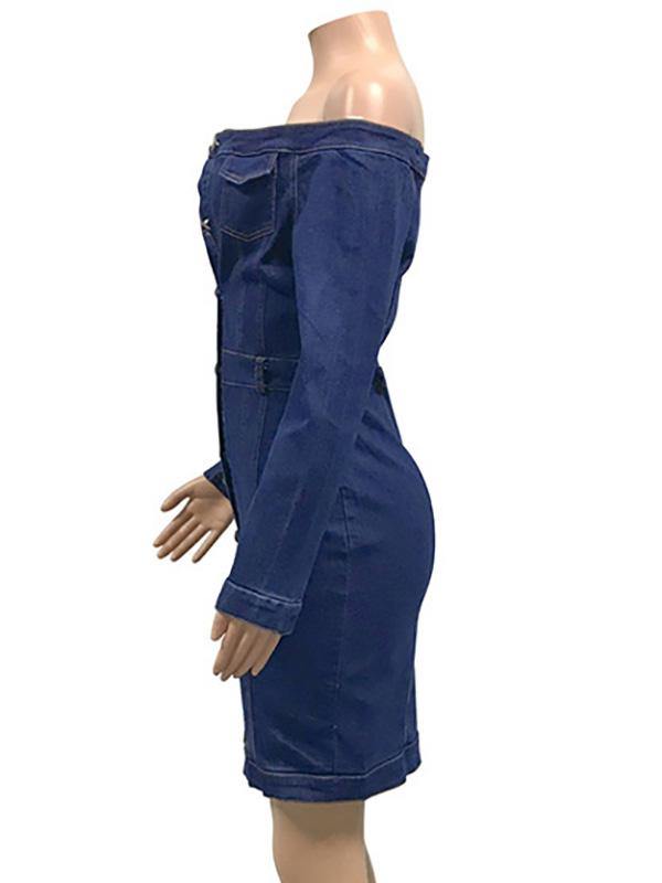 Women's Sexy Casual Denim Bodycon Dress Off Shoulder Long Sleeve Sheath Dress Plus Size - CHALIER