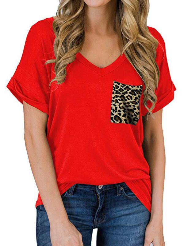 Ladies Leopard V-Neckline Short Sleeve Casual T-Shirt - CHALIER