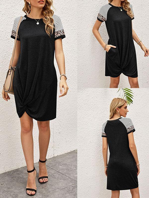 Women's Casual Leopard Printed Short Sleeved T-shirt Pocket Asymmetrical Dress - CHALIER