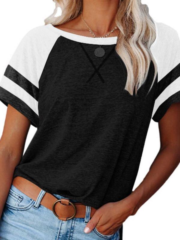 Ladies Short Sleeve Cotton-Blend Stripes Shirts & Tops - CHALIER