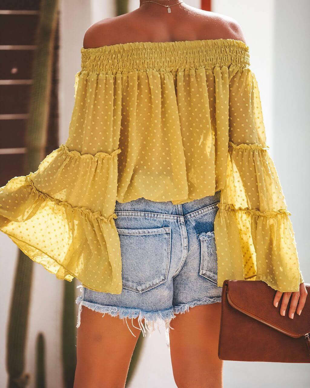 Off-The-Shoulder Flared Sleeve T-Shirt - CHALIER