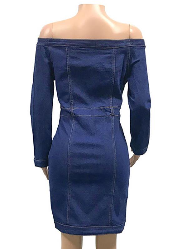 Women's Sexy Casual Denim Bodycon Dress Off Shoulder Long Sleeve Sheath Dress Plus Size - CHALIER