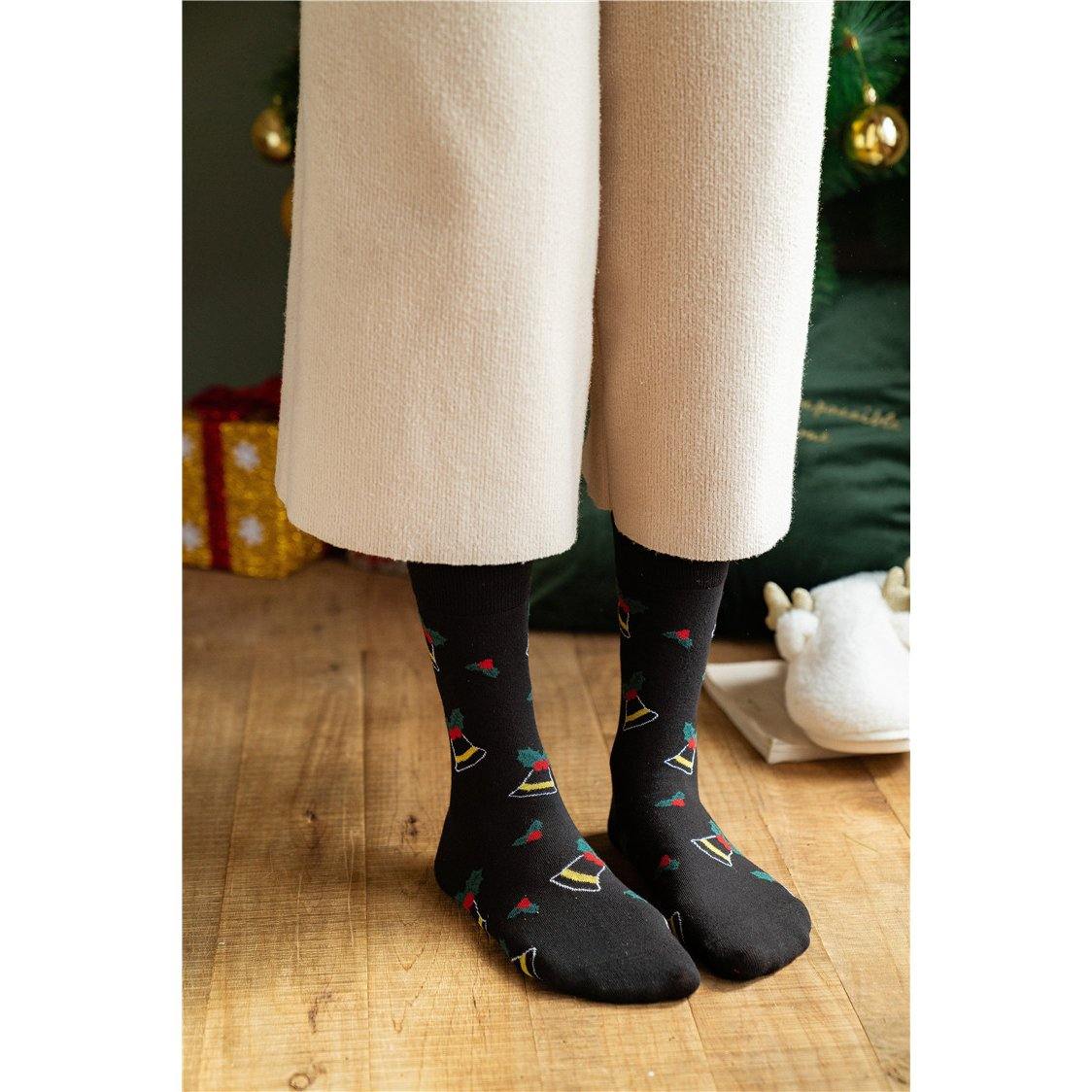 Womens Christmas Pattern Jingle Bell Tree Happy Fashion Cute Crew Socks 4 Pairs - CHALIER