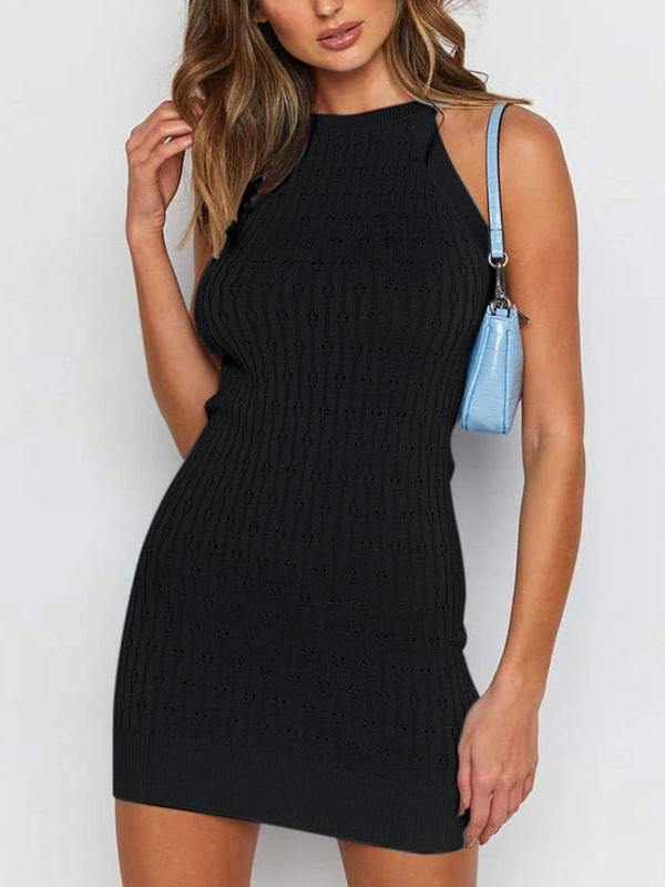 Women's Knitted Halterneck Mini Bodycon Sleeveless Dress Solid Color Summer - CHALIER
