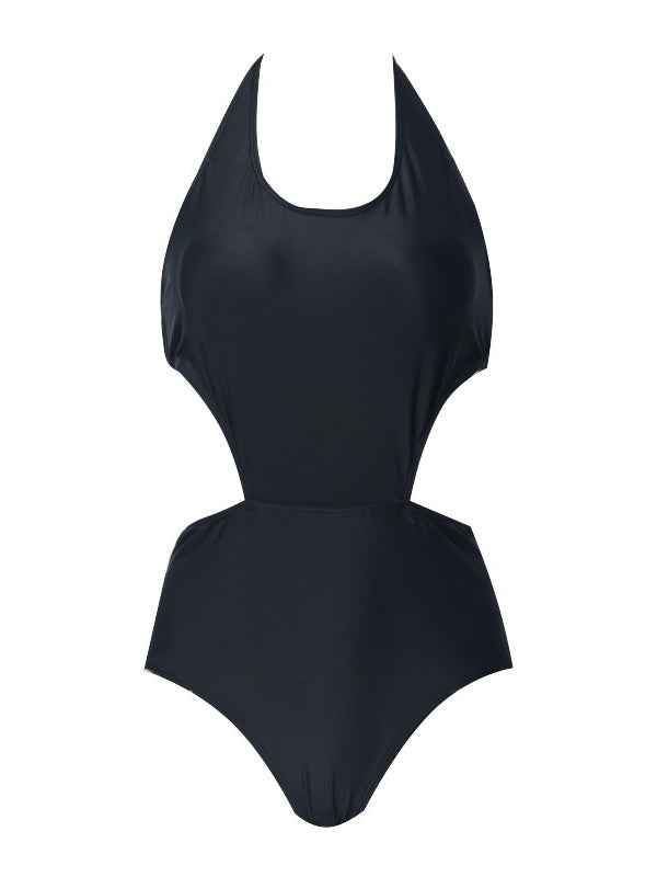 Women's Sexy Black One Piece Lace Up Halter Swimsuits