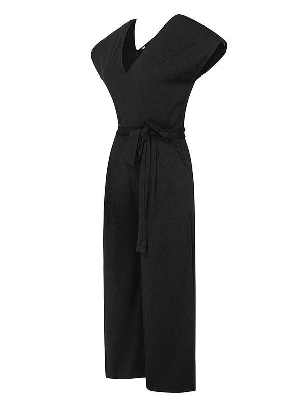 Women's Elegant  High Waist V-Neck Short Sleeve Jumpsuit Solid Color - CHALIER