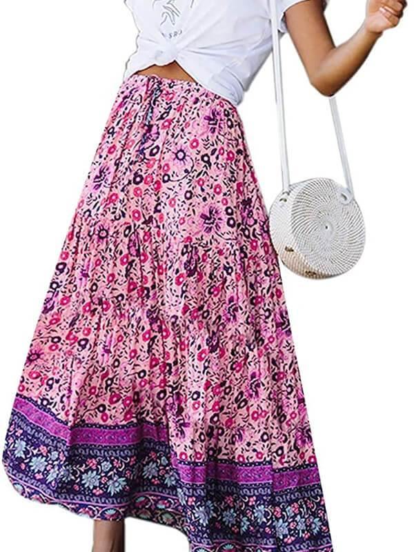 Women's A Line Maxi Skirt Bohemian Floral Printed Elastic Waist Skirt - CHALIER