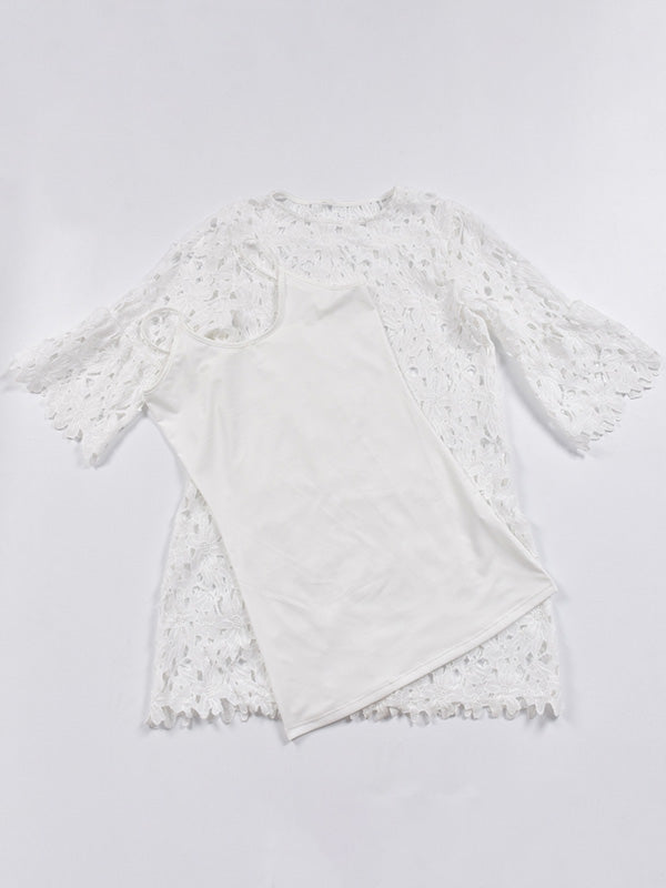 Women's Floral Lace Dress Crew Neck White Mini Dress Two Piece