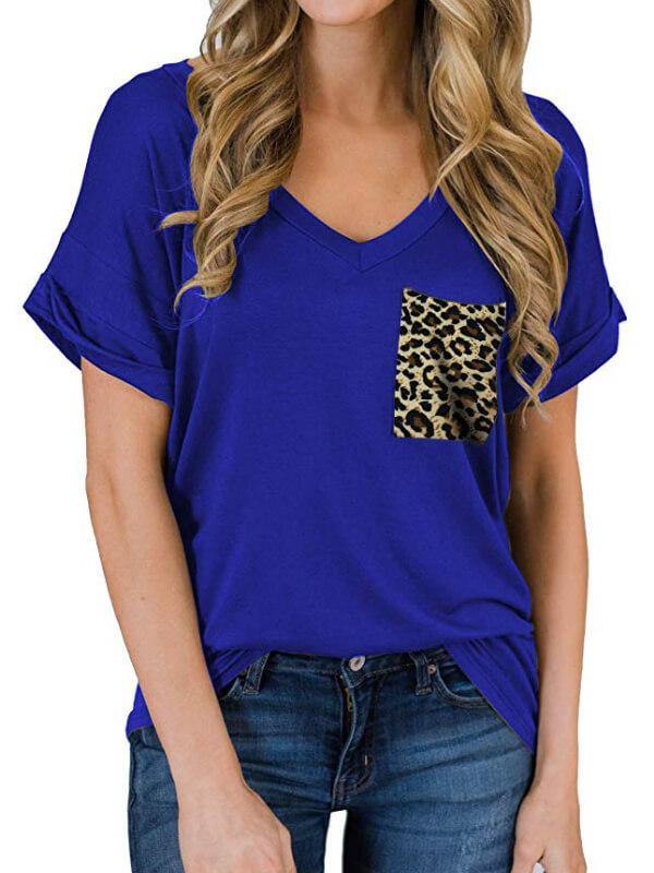 Ladies Leopard V-Neckline Short Sleeve Casual T-Shirt - CHALIER