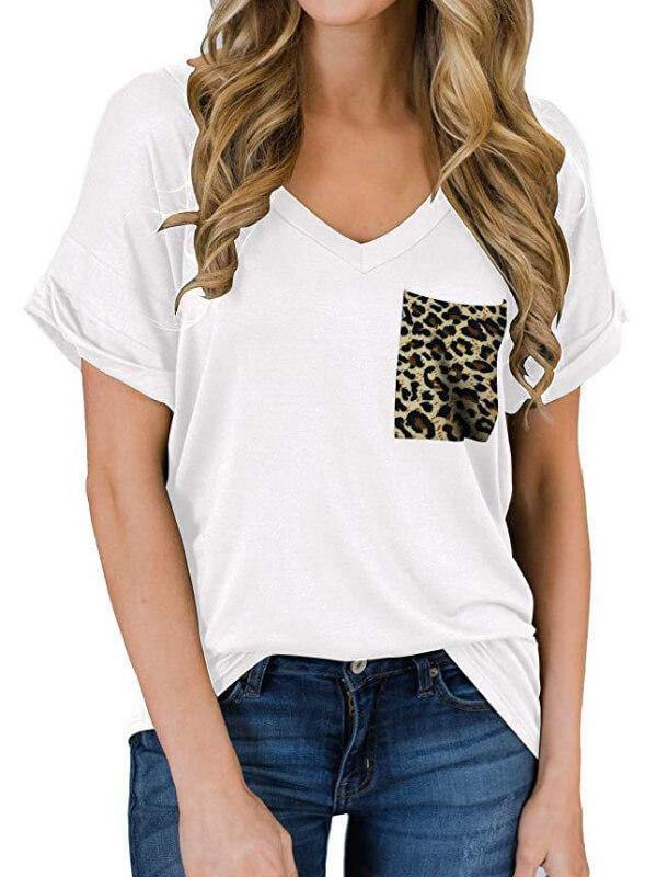 Ladies Leopard V-Neckline Short Sleeve Casual T-Shirt - CHALIER