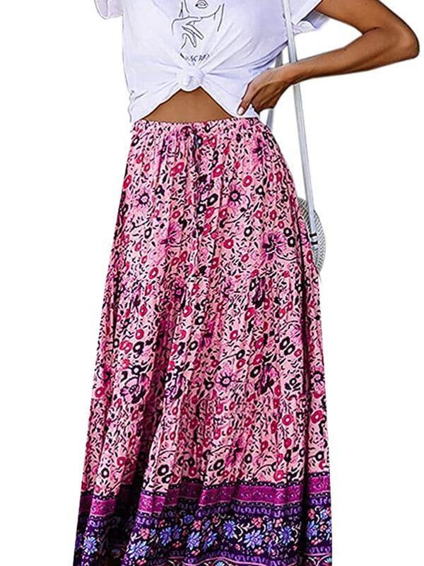 Women's A Line Maxi Skirt Bohemian Floral Printed Elastic Waist Skirt - CHALIER