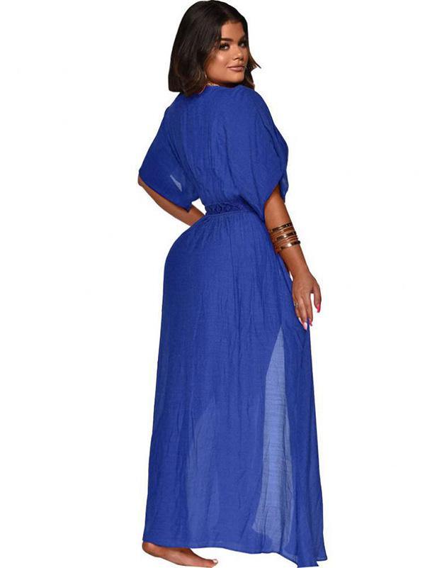 Women's Sexy Holiday Maxi Dress Beach Tthin Cotton and Linen Cardigan Slit Dress Plus Size - CHALIER