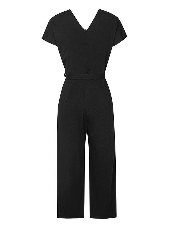 Women's Elegant  High Waist V-Neck Short Sleeve Jumpsuit Solid Color - CHALIER