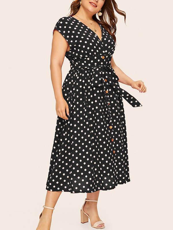 Women's Plus Size V-Neck Polka Dot A-line Dress - CHALIER