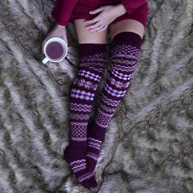 Women Winter Vintage Thick Socks Thigh High Cozy Wool Socks - CHALIER