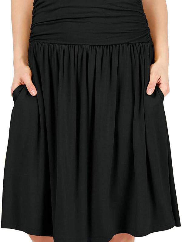 Simlu Womens Regular and Plus Size Skirt with Pockets Below The Knee Length Ruched Flowy Skirt Midi Skirt for Women - CHALIER
