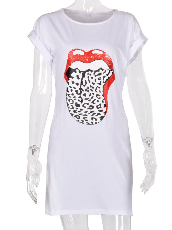 Women's Casual T-Shirt Mini Dress Crew Neck Lips Prints Short Sleeve