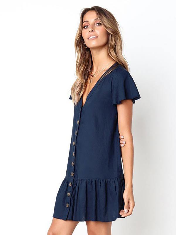 Women's Cotton and Linen Solid V-neck Loose Breathable Short Dress with Buttons - CHALIER