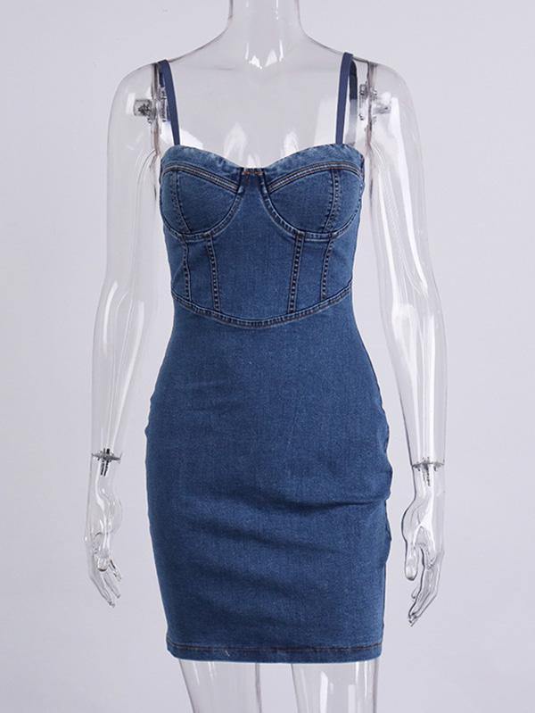 Women's Sexy Casual Denim Bodycon Slip Dress with Chest Pad and Rims Sheath Dress - CHALIER