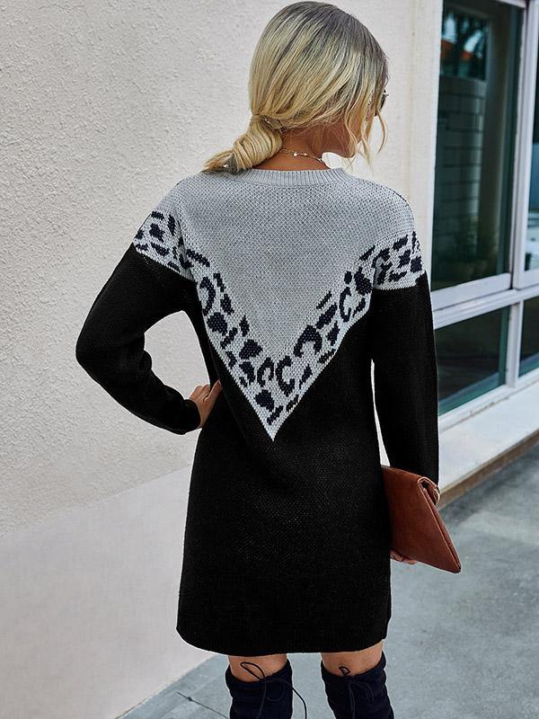 Women's Knitted Dress Leopard Print Round-Neck Long Sleeve Dress - CHALIER