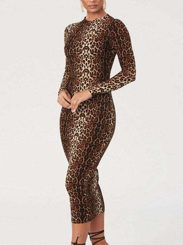 Women's Sexy Leopard Print Sheath Crew Neck Long-sleeve High Waist Midi Dress - CHALIER