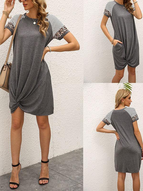 Women's Casual Leopard Printed Short Sleeved T-shirt Pocket Asymmetrical Dress - CHALIER